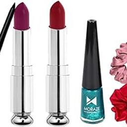 Moraze Makeup Combo – Kajal, Green Eyeliner, 2 Creamy Matte Lipsticks & 2 Scrunchie | Smudge-Proof, Bold Colors | Daily Makeup Essentials Gift Set for Women – Pack of 6-image-1