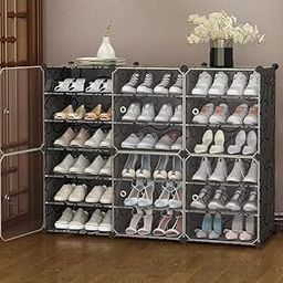 PESOMA DIY Portable Shoe Rack Organizer/Multi-Purpose Shelf Storage Cabinet Stand Expandable for Heels, Boots, Slippers Plastic Portable and Folding Shoe Rack (Black, 6-Door 18-Shelf)-image-27