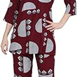 Women’s Rayon Geometric Print Co-ord Nightwear Set 3/4 Sleeve Top and Pyjama Loungewear Relax Fit – Maroon-image-83