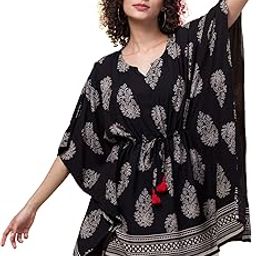 Floral Elegance: Rayon Kaftan with Fringes-image-20
