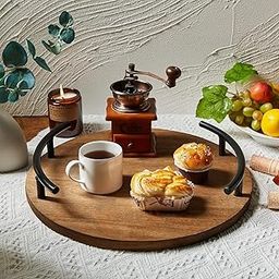 CARTADEN Wooden Round Serving Tray Metal Handle And Wood Plate, Farmhouse Wood Serving Tray, Rustic Ottoman Coffee Table Tray, Vintage Centerpiece For Kitchen Or Living Room Decorative Tray-15