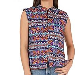 Women Maroon & Navy Blue Printed Sleeveless Reversible Jacket-picture-26