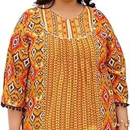 Mustard Rayon Ikat Printed A-Line Lacy Plus Size Tunic with Pintucks at Works & Beadwork-image-28