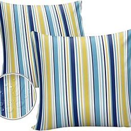 Lsrtoss Blue Yellow Striped Outdoor Waterproof Pillow Covers, Farmhouse Navy Blue Ombre Stripes Decorative Square Throw Pillowcase Sofa Cushion Sham for Patio/Couch/Chair, 16"x16" 2 Pack-image-5