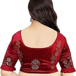 Stylish Stone Work Stretchable Soft Velvet Readymade Saree Blouse for Women Latest Round Neck, Half Sleeves with Frill-image-22
