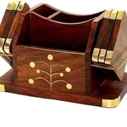 X WOODSTORE Wooden Stationery Desk Organiser, Business Card Holder With Brass Work, Coasters Set, Pen Stand,(Office Table Accessories) Silver And Gold-image-75