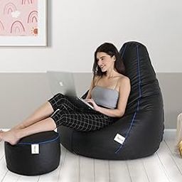 SATTVA Faux Leather Filled Bean Bag Combo with Footstool & Cushion | Ergonomically Designed XXXL Bean Bag Filled with Beans | Supports upto 6'3" height and 120 kg weight | Black with Royal Blue Piping-picture-19