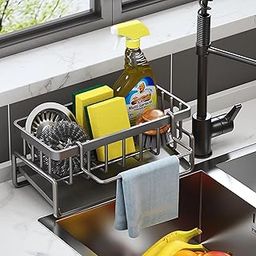 KESHAVAM Sink organizer, Metal Sponge Holder Kitchen Sink | Auto-Draining Sink Storage | Organizer soap tray, sink shelf with towel bar, dishwashing brush holder, kitchen storage rack (Black)-picture-11