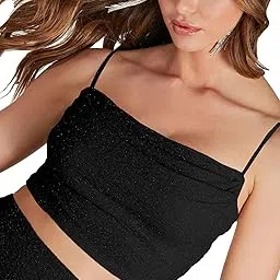 addyvero Cowl Neck spghetti Shoulder Straps Solid Glitter Women Regular Fit Crop Top-picture-49