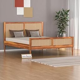 Dews Furniture Wooden Queen Size Bed for Bedroom - Wooden Double Bed Without Storage - Platform Cot Beds with Rattan Headboard & Bottom - Sheesham Wood Cane Bed | 5.25 x 6.75 Size Bed (Teak Finish)-image-79