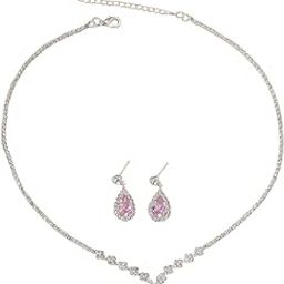 Wilibolo Crystal Zircon Necklace and Earrings Set, Teardrop Pendant, Silver-Toned-Multicolour-image-15