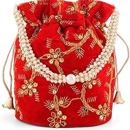 teejh O Haseena Red Velvet Embroidered Potli Bag-picture-27