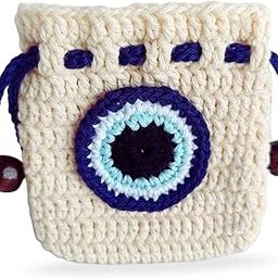 Unisex Handmade Crochet Drawstring Pouch with Evil Eye Design, Crocheted Earphone, Multi Purpose Pouch, Beige and Blue (Pack of 1)-90