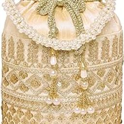 Gold Zari Leaf Embellished Potli Bag for Women Fancy Ethnic Wristlet Purse Bag for Girls-7