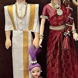 Indian traditional family of Bride in saree and groom in dhoti with a kid. Decorative Showpiece - 33 cm (Plastic, Red)-11