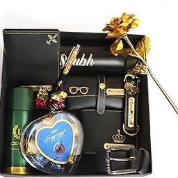 Atrum Shutrum Customized Mens Gift Hamper Set with Water Bottle, Passport Cover, Pen, Men Wallet, Sunglasses Cover, Keychain, Men Deodorant, Golden Rose, Chocolates Combo with Belt (Black)-image-30
