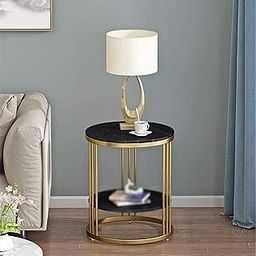Bloo Mart Maharaja Style Round End Table & Side Table for Small Spaces, Coffee Snack Table for for Living Room Bedroom,Marble Sticker Wood Board and Metal Frame (Gold Black 9 Stick)-picture-23