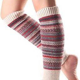 Beige Multicolor Stripe Long Warm Woolen Thigh High Knee High Leg Warmer Winter Fashion Knitted Warm Boot Thigh High Socks Boot Cuffs for Women Girls-image-38