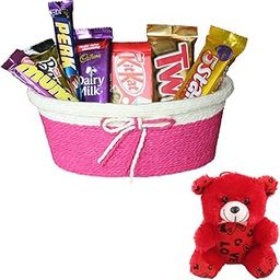 SFU E Com 7 Pieces Chocolate Hamper With Lovely Tie Basket | Valentine Teddy Bear With Chocolate Combo | Valentine Chocolate Hamper | 126-73