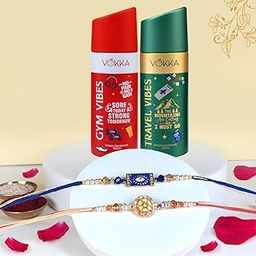 VOKKA Rakhi Gift for Brother – 2 Unisex Deodorants 150ml Each Gym Vibes + Travel Vibes with 2 Rakhis | Dark Blue Evil Eye & Pearl Petal Rakhi | Raksha Bandhan Combo Set for Bhaiya & Bhabhi-image-86