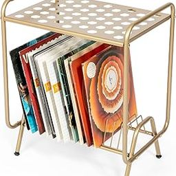 INDIDECOR 25033 Record Player Stand with Vinyl Record Storage, Black Metal Table with Shelves for Records, 2-Tier Record Storage, Vinyl Record Holder, Record Player Table, Turntable Stand - Gold-11