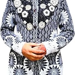 Floral Embroidered Button-Down Cardigan, Black and White Pattern, Long Sleeve-image-66