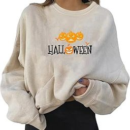 Fall Halloween Sweatshirts Pullover Tops for Women pumpkins khaki L-56