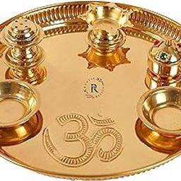 RUSTIC RELICS 9-Inch Brass Navratri Pooja Thali with Attached Diya, 2 Bowls, Agarbatti Stand, and Gold Finish Kumkum Bowl-38