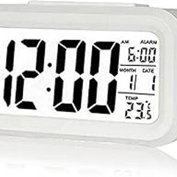 Digital Alarm Clock,Battery Operated Small Desk Clocks,with Date,Indoor Temperature,Smart Night Light,LCD Electronic Clock for Bedroom Home Office - White (KDwhite)-5