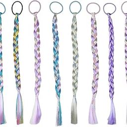 INHEAVEN 4Pcs Girls Colored Braids Hair Extensions with Rubber Bands, Rainbow Braided Hairpieces Hair Bows Wig Ponytails Kids (SIMPLE)-image-46