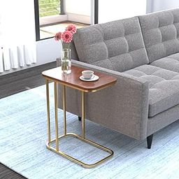 Dime Store Metal Side Table for Living Room, Sofa Side Table - Wooden Night Stand Table for Bedroom Furniture | Coffee Table with Golden Legs Home Decor (Golden & Brown)-11