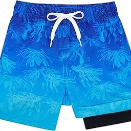 Boys Swim Trunks with Compression Liner Anti-Chafe Swim Shorts Quick Dry UPF 50+ Bathing Suits Swimwear 7-20T, Blue Leaf, 8-image-84