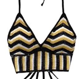 Women's Chevron Striped Crochet Padded Bikini Top, Backless, Black and Gold-image-22