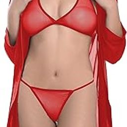 Women Babydoll Sheer Mesh Nightwear Robe and Net Bikini Bra Panty Lingerie Set Combo-image-1