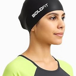 Boldfit Swimming Cap for Women Silicone Long Swimming Caps for Women Swim Cap for Girls with Long Hair Swim Cap for Women Long Hair for Dry Hair Swimming Head Cap for Long Hair Easy Fit - Black-95