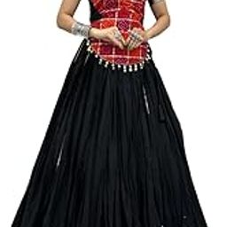 Women’s Black & Multicolor Bandhej Cotton Lehenga Choli Set – 6 Meter Heavy Flair Foil Print Skirt with Mirror Work Blouse – Fully Stitched Navratri Garba Festivals Wear-image-96