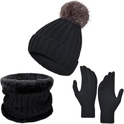 Winter Hat Scarf Gloves Set Winter Cap Neck Warmer for Running Skiing Hiking Black-picture-22