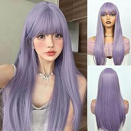 Creamily Purple Wigs for Women 24inch Long Straight Hair Wig, Synthetic Fiber Heat Resistant Straight Wig For Cosplay Party (Light Purple)-image-81