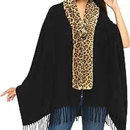 manra Women's Winter Poncho/Shawl/Stole with Animal Print Faux Fur Collar – Elegant Fringed Cape Wrap for Casual Winter Wear-picture-37