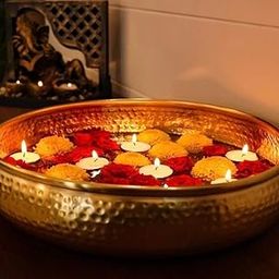 LUXEOSIS Gold Round Hammered Metal Potpourri Bowl, 25.4 cm, Traditional Decorative Bowl for Floating Flowers and Tea Light Candles-image-53