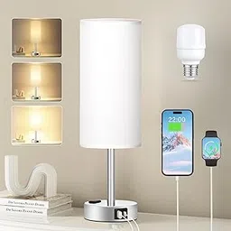 Fenmzee Bedside Table Lamp for Bedroom - 3 Way Dimmable Touch Lamp USB C Charging Ports, Small Lamp Wood Base Round Flaxen Fabric Shade for Living Room, Desk, LED Bulb Included (Silver)-image-6