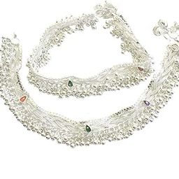 Indian Traditional White Metal Anklets Payal Pair for Women Girls with Attached Ghungroo - Fashion Designer Barefoot Foot Imitation Jewellery-image-49