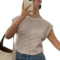 Women's Polyester Striped Round Neck – Cap Sleeve Summer Casual Top Tee | Summer Tops for Women | Tank Top Loose Fit-image-85