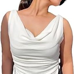 Women's Solid/Plain Asymmetric Hem Stretchable Draped Crop Top. Sleeveless, Single Shoulder, Off Shoulder, Cowl Neck, Crop Length-image-36