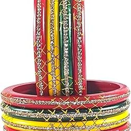 Traditional Rajasthani Lac Bangles Set, Red Green Yellow Colours, Crystal-Studded Design, Jaipuri Lakh Chudi, Set of 8 Bangles-image-1