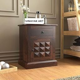 VINAYAK ART PLACE Sheesham Wood Diamond Bedside Table for Bedroom | Wooden Bed Side Nightstand Table with Drawer & Door Storage | Night Stand Lamp Holder for Home & Office | Walnut Finish-24