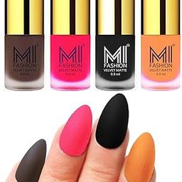 MI FASHION Velvet Matte Nail Paint Combo Sets Non-Stop, Rain Or Waterproof 9.9ml Coffee, Neon Pink, Black, Saffron Orange (Pack Of-4)-image-76