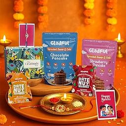 Gladful Morning Magic Rakhi Gift Box – 7 Items: Strawberry & Chocolate Pancakes, Dry Fruit Burfi (Chocolate Cranberry & Cocoa Orange), Rakhi, Greeting Card & Roli Chawal | Perfect Rakhi Gift for brother-image-3