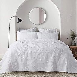 Damask Quilt King Size Bedding Sets with Pillow Shams, Boho Lightweight Soft Bedspread Coverlet, White Quilted Blanket Thin Comforter Bed Cover for All Season Spring Summer, 3 Pieces, 104x90 inches-image-50