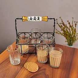 ARTYSTA 'Warli Transparent' Cutting Chai Glasses with Stand|Tea Glass Set of 6 with Stand and 1 Extra Glass|Dhaba Style Tea Glass Holder Carrier (Wrought Iron), 120 Ml-3